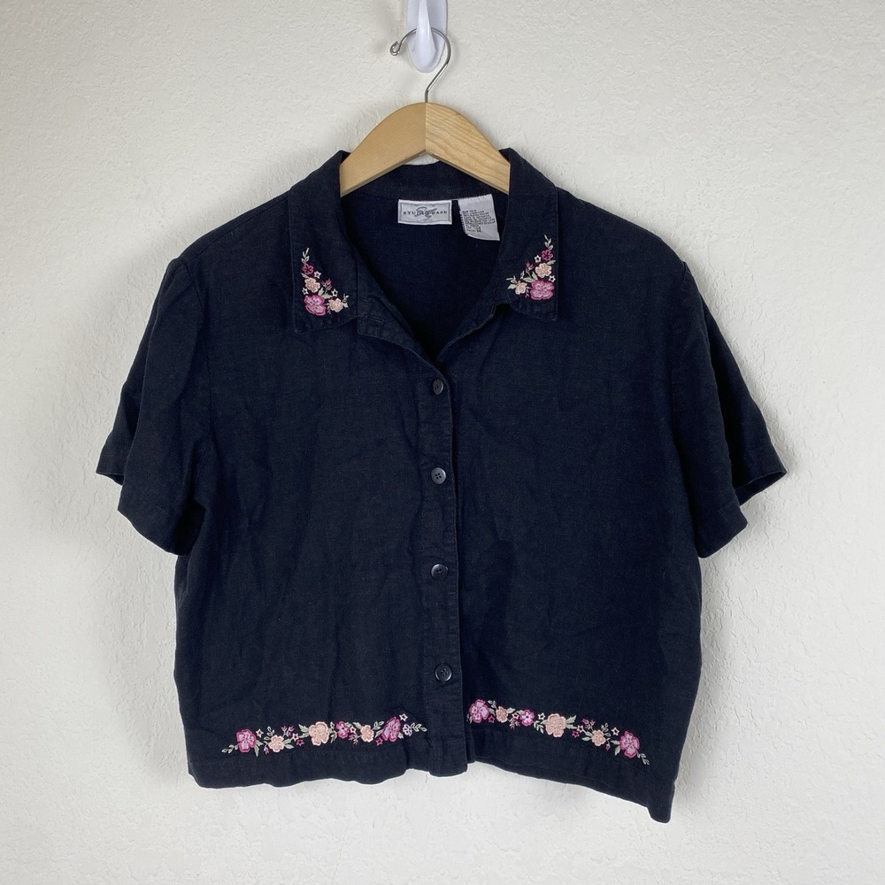 Vtg Studio Ease 14 Linen Blend Shirt Embroidered Floral Crop Cottagecore